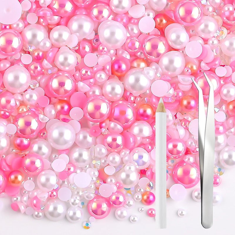 NACHLYNN 60g Mix Pearls and Half Round Rhinestones for Crafts Flatback Rhinestones Mixed Size 3mm-10mm Flatback Pearls for DIY Nail Art Shoes Apparel Tumblers Mugs (Pink White) - Image 1